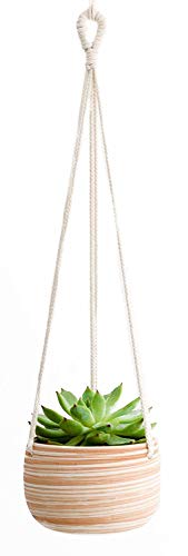 Mkono Ceramic Hanging Planter Macrame Plant Holder 5 Inch Cute Succulent Cactus Pot with Cotton Rope Hanger for Indoor Outdoor Decor, 1 Pack
