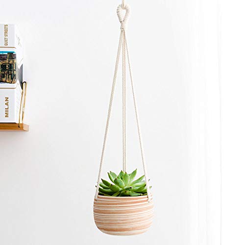 Mkono Ceramic Hanging Planter Macrame Plant Holder 5 Inch Cute Succulent Cactus Pot with Cotton Rope Hanger for Indoor Outdoor Decor, 1 Pack