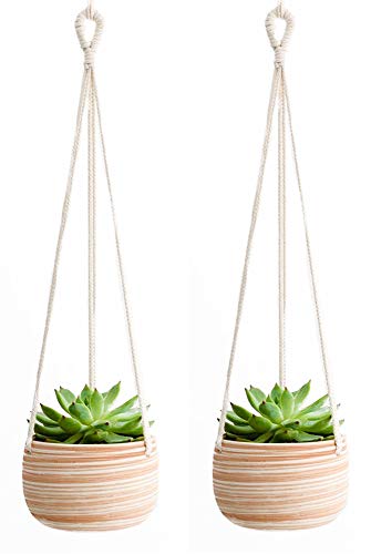 Mkono Ceramic Hanging Planter Macrame Plant Holder 5 Inch Cute Succulent Cactus Pot with Cotton Rope Hanger for Indoor Outdoor Decor, 1 Pack