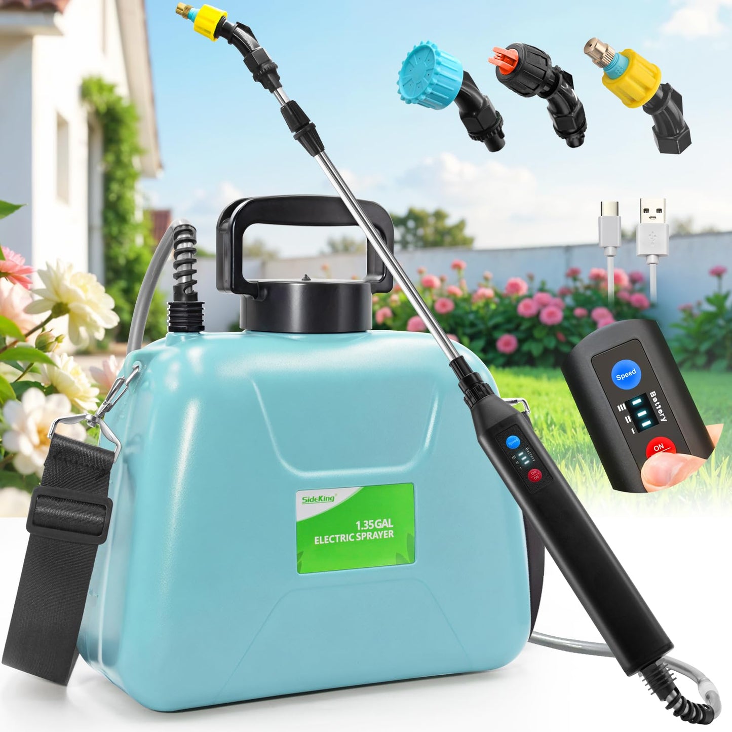 Battery Powered Garden Sprayer 1.3 Gallon, 3-Level Adjustable Electric Backpack Sprayer, Weed Yard Lawn Sprayer with 3 Mist Nozzles & Retractable Wand