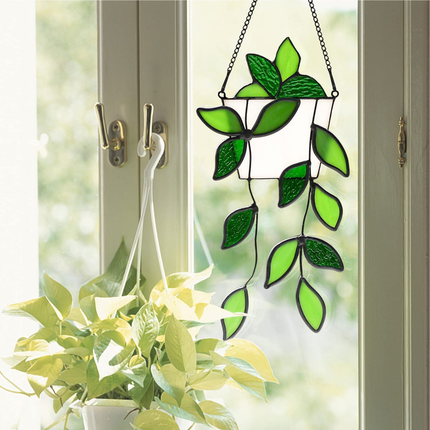 Stained Glass Window Hanging for Plant Lovers, Great Mothers Day Gift Handmade Green Plants Artificial,Suncatcher Plant Gifts for Women,Grandma,Mother's Day,Christmas