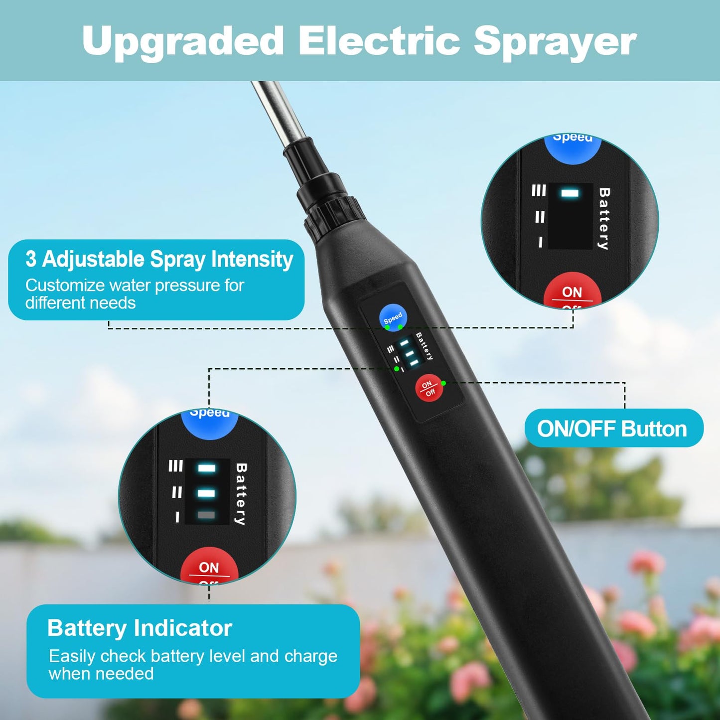Battery Powered Garden Sprayer 1.3 Gallon, 3-Level Adjustable Electric Backpack Sprayer, Weed Yard Lawn Sprayer with 3 Mist Nozzles & Retractable Wand