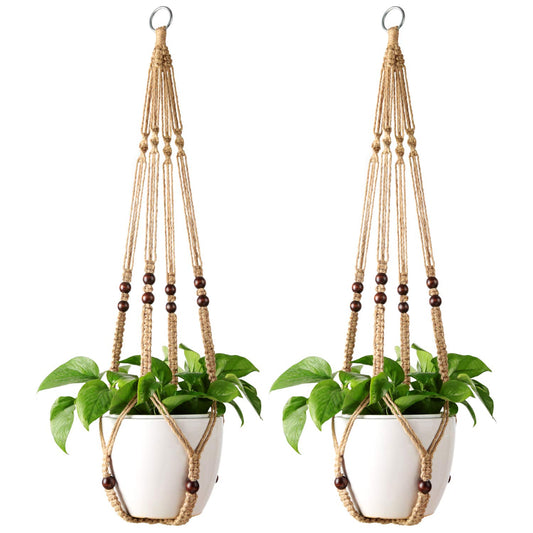Mkono Macrame Plant Hanger Indoor Hanging Planter Basket with Wood Beads Decorative Flower Pot Holder No Tassels for Indoor Outdoor Boho Home Decor 35 Inch, Ivory, Set of 1 (POTS NOT Included)