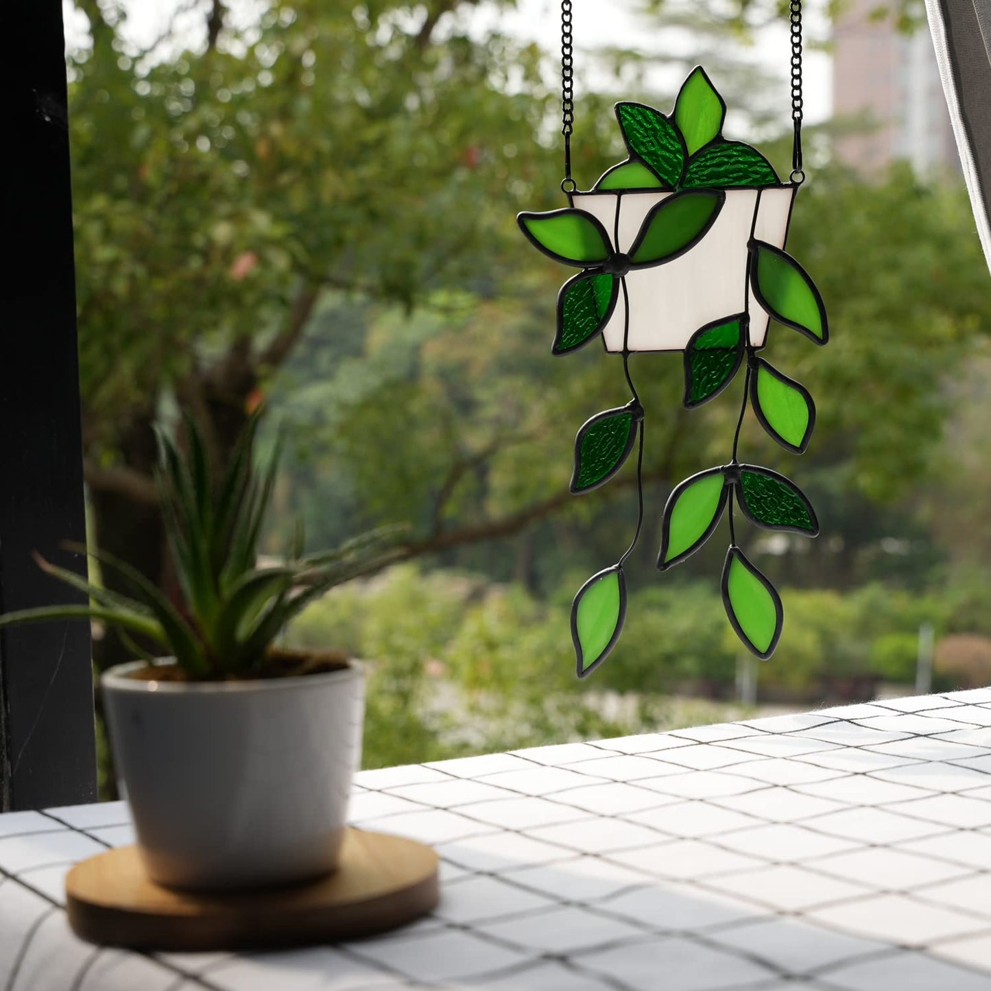Stained Glass Window Hanging for Plant Lovers, Great Mothers Day Gift Handmade Green Plants Artificial,Suncatcher Plant Gifts for Women,Grandma,Mother's Day,Christmas