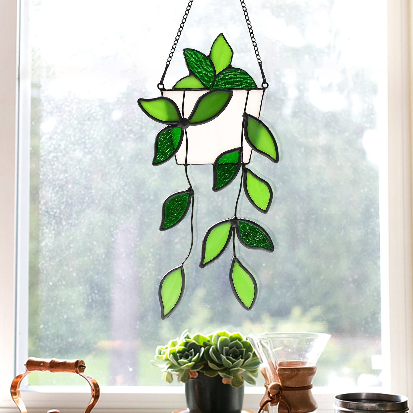 Stained Glass Window Hanging for Plant Lovers, Great Mothers Day Gift Handmade Green Plants Artificial,Suncatcher Plant Gifts for Women,Grandma,Mother's Day,Christmas