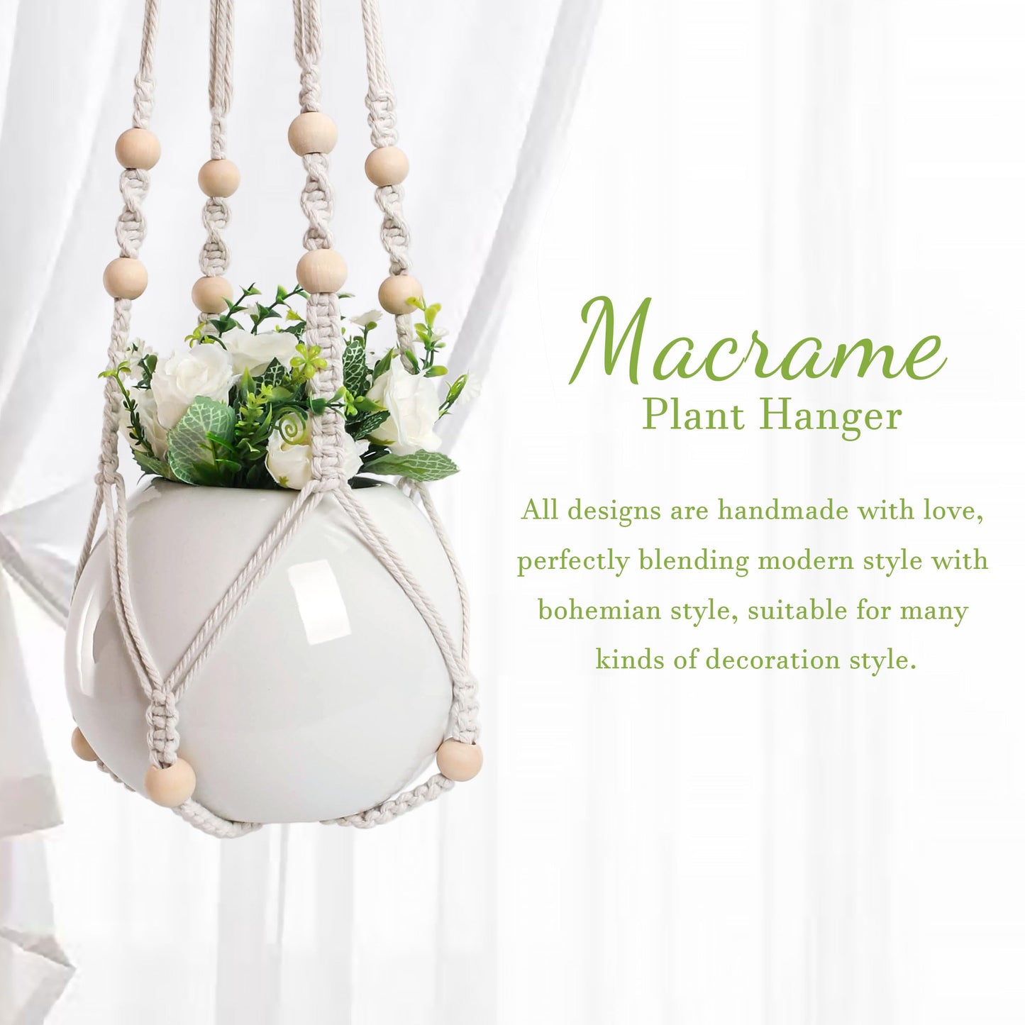 3 PCS Macrame Plant Hanger Indoor Hanging Planter Basket with Wood Beads Plants Holder Decorative Flower Pot Holder (POTS NOT Included) (Ivory White)