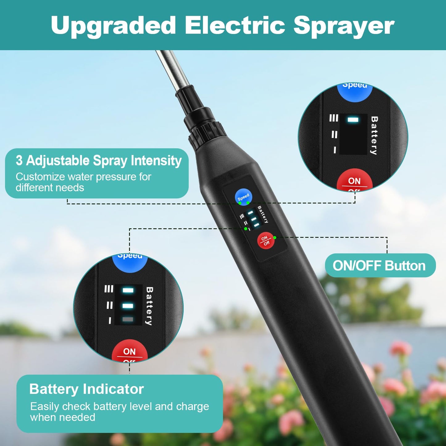 Battery Powered Garden Sprayer 1.3 Gallon, 3-Level Adjustable Electric Backpack Sprayer, Weed Yard Lawn Sprayer with 3 Mist Nozzles & Retractable Wand