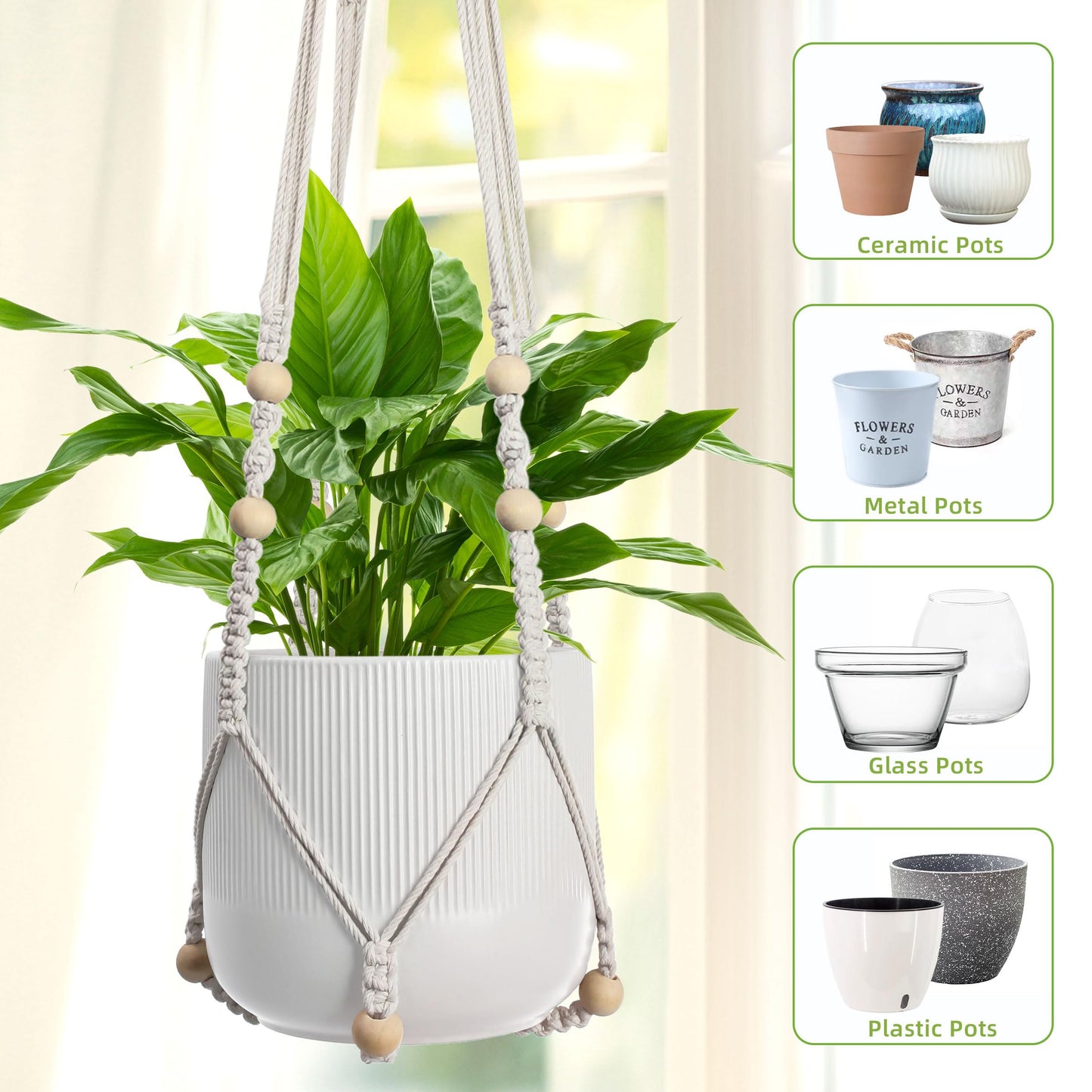 3 PCS Macrame Plant Hanger Indoor Hanging Planter Basket with Wood Beads Plants Holder Decorative Flower Pot Holder (POTS NOT Included) (Ivory White)