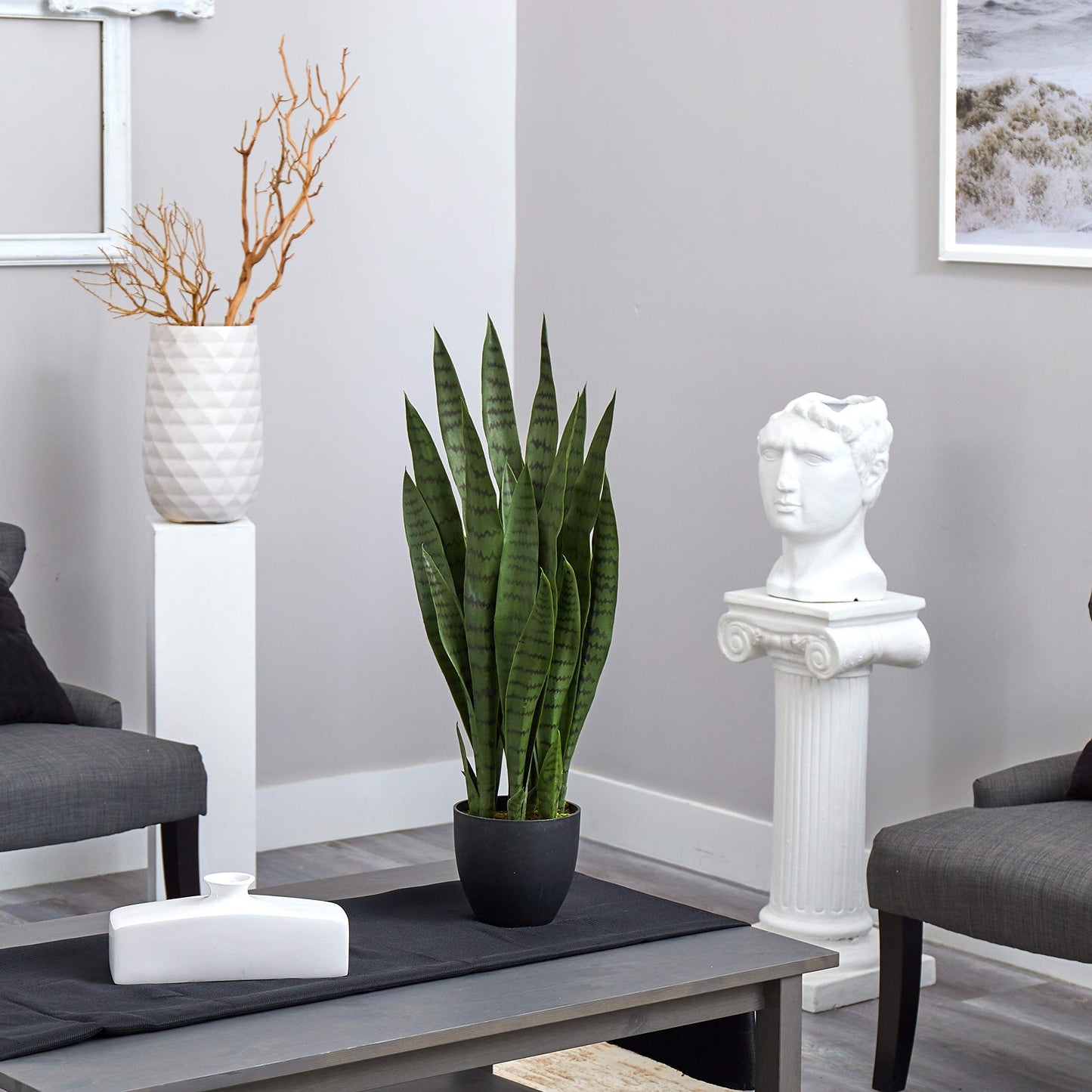 Nearly Natural Sansevieria & Black Planter