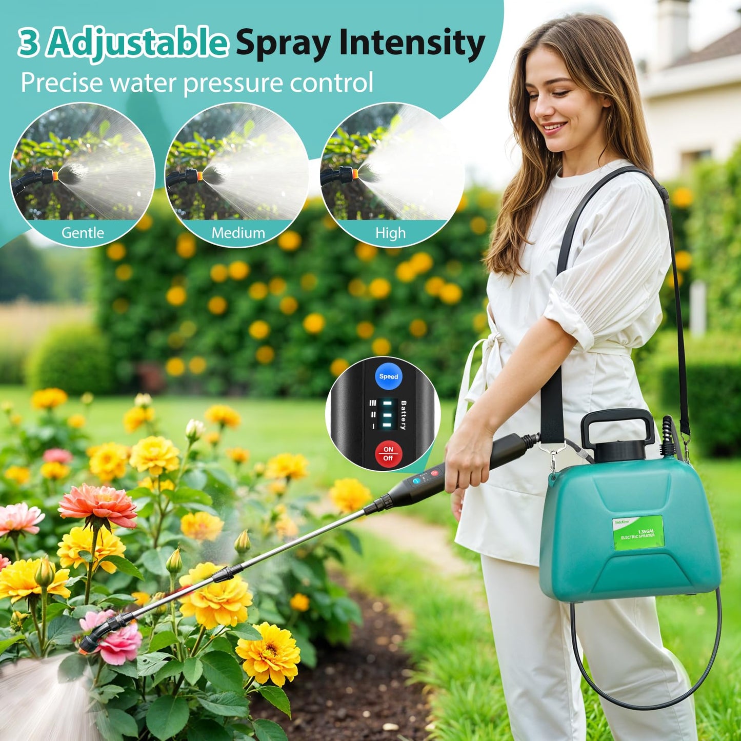 Battery Powered Garden Sprayer 1.3 Gallon, 3-Level Adjustable Electric Backpack Sprayer, Weed Yard Lawn Sprayer with 3 Mist Nozzles & Retractable Wand