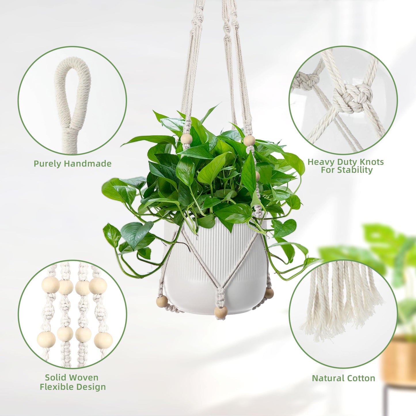 3 PCS Macrame Plant Hanger Indoor Hanging Planter Basket with Wood Beads Plants Holder Decorative Flower Pot Holder (POTS NOT Included) (Ivory White)