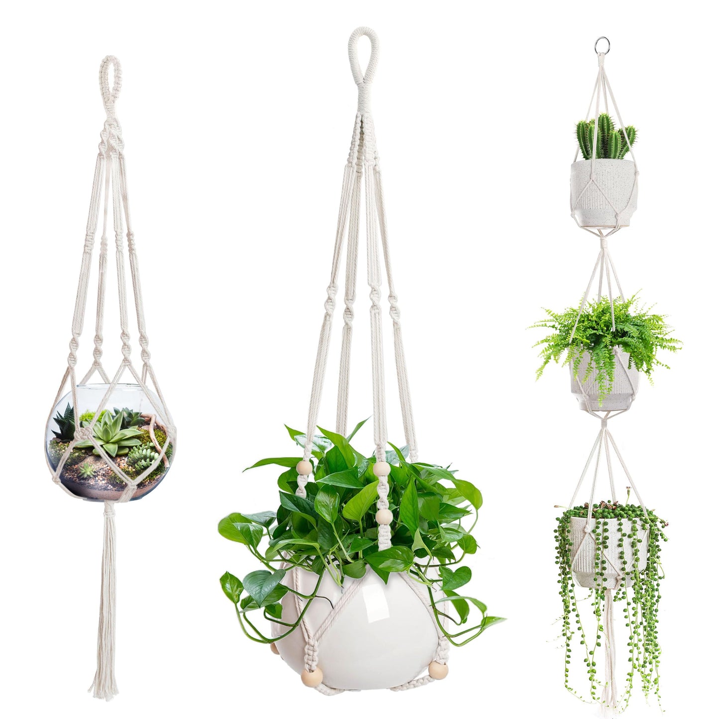3 PCS Macrame Plant Hanger Indoor Hanging Planter Basket with Wood Beads Plants Holder Decorative Flower Pot Holder (POTS NOT Included) (Ivory White)