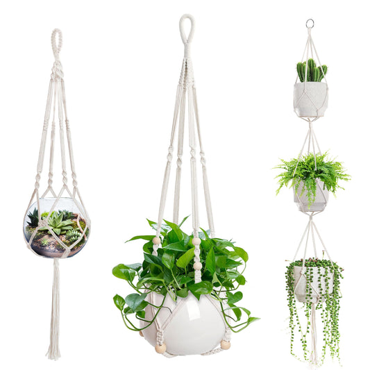 3 PCS Macrame Plant Hanger Indoor Hanging Planter Basket with Wood Beads Plants Holder Decorative Flower Pot Holder (POTS NOT Included) (Ivory White)