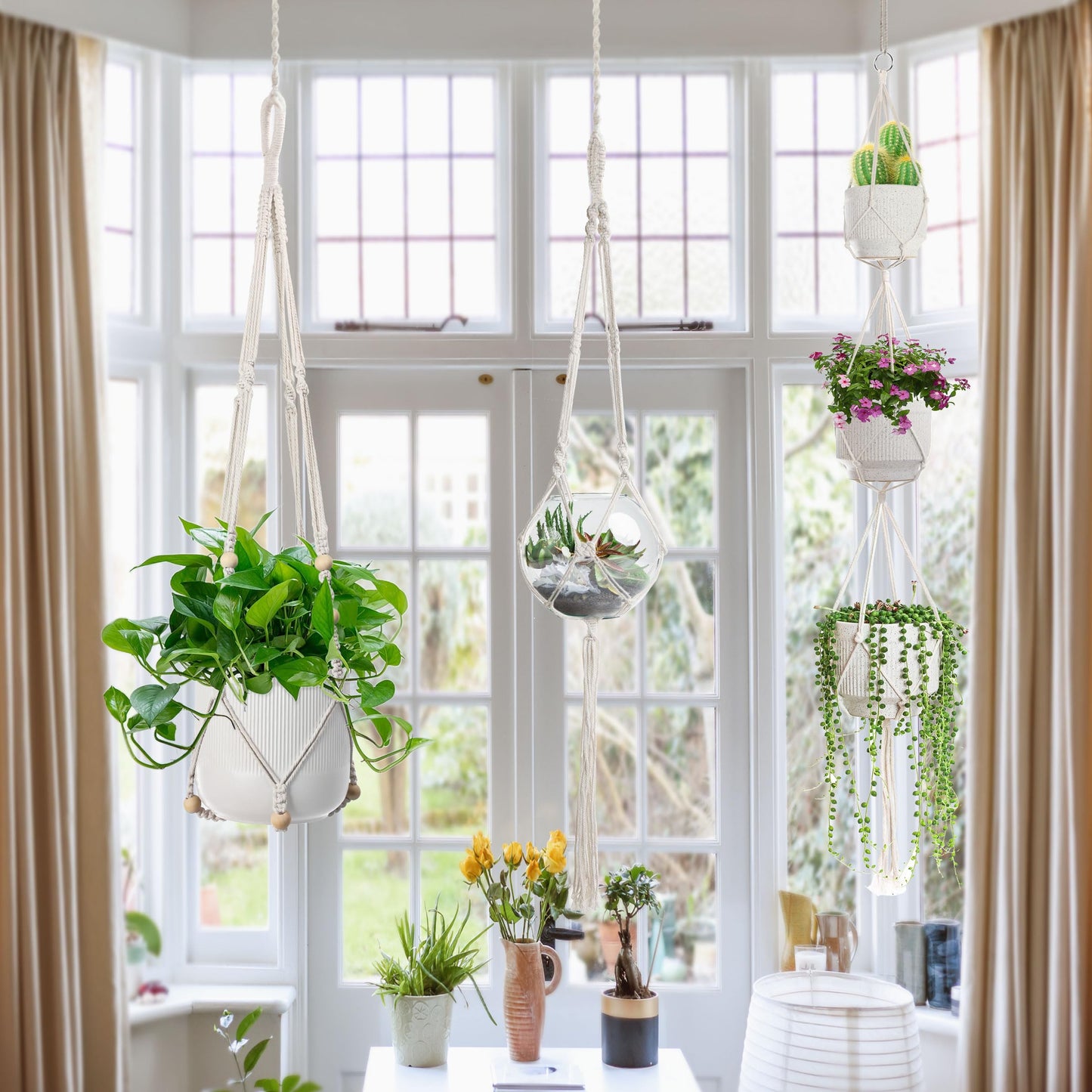 3 PCS Macrame Plant Hanger Indoor Hanging Planter Basket with Wood Beads Plants Holder Decorative Flower Pot Holder (POTS NOT Included) (Ivory White)