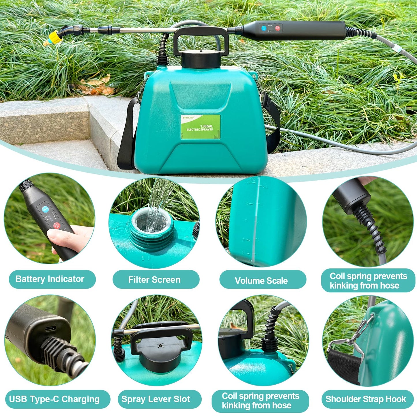 Battery Powered Garden Sprayer 1.3 Gallon, 3-Level Adjustable Electric Backpack Sprayer, Weed Yard Lawn Sprayer with 3 Mist Nozzles & Retractable Wand