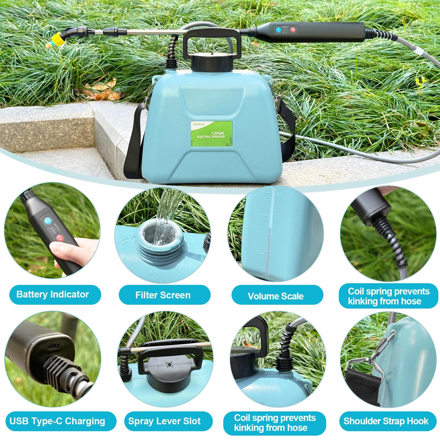 Battery Powered Garden Sprayer 1.3 Gallon, 3-Level Adjustable Electric Backpack Sprayer, Weed Yard Lawn Sprayer with 3 Mist Nozzles & Retractable Wand