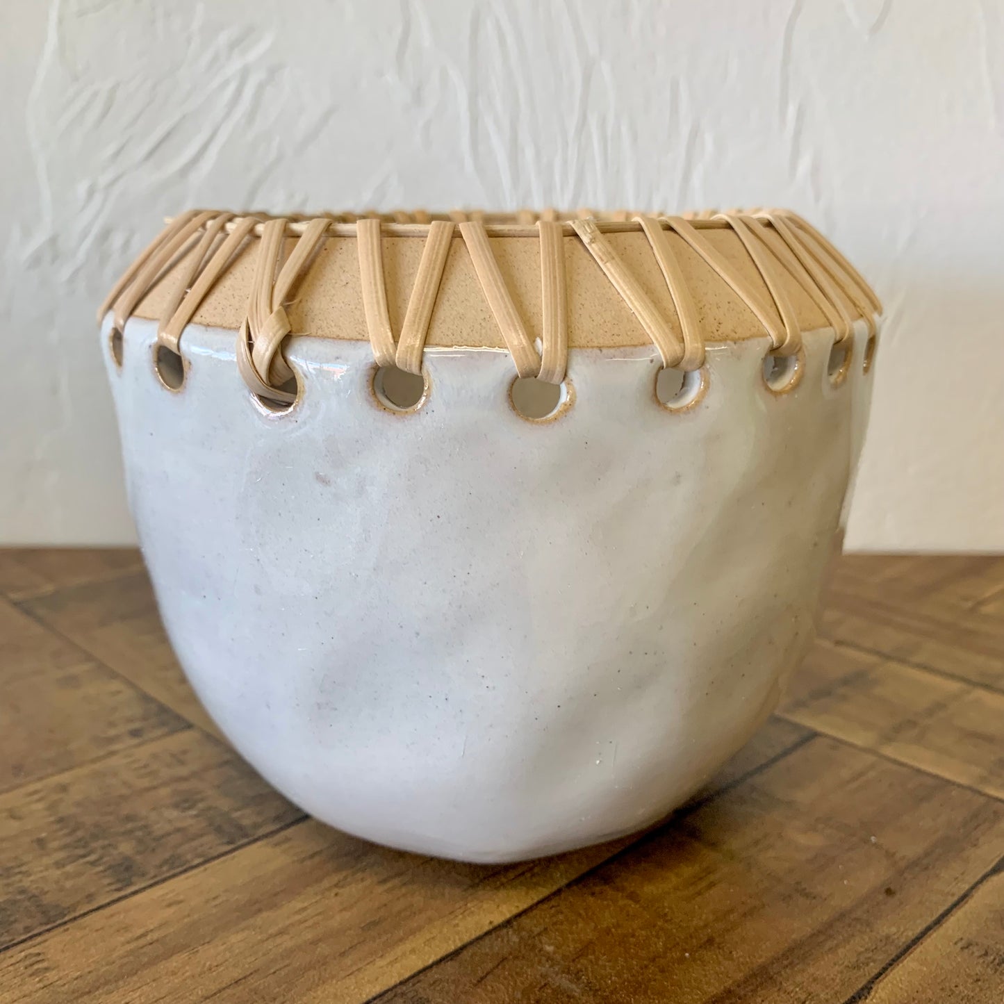 Stoneware Planter with Rattan Detail
