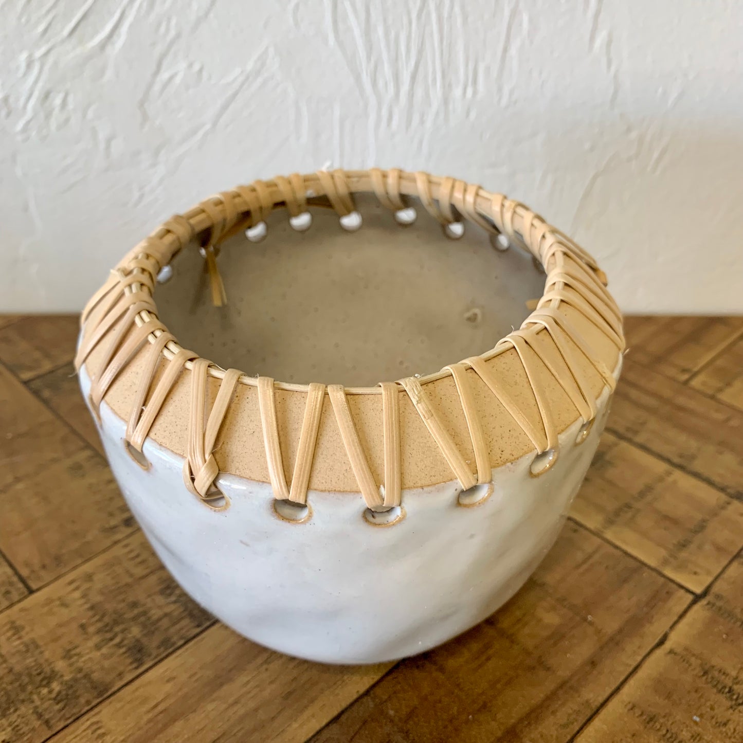Stoneware Planter with Rattan Detail
