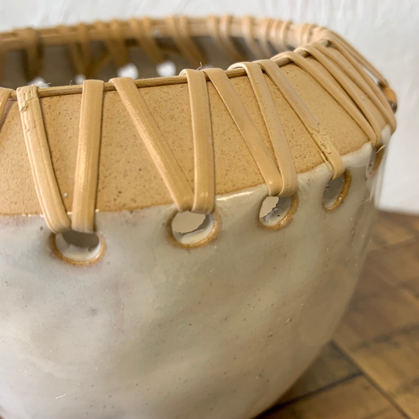 Stoneware Planter with Rattan Detail