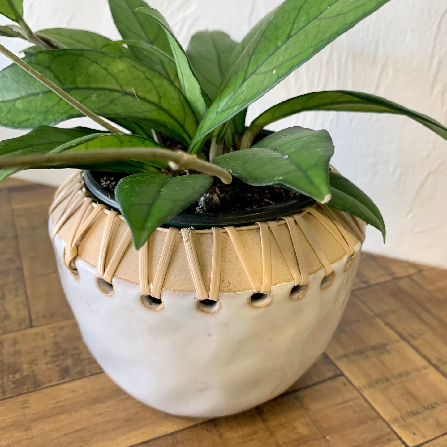 Stoneware Planter with Rattan Detail