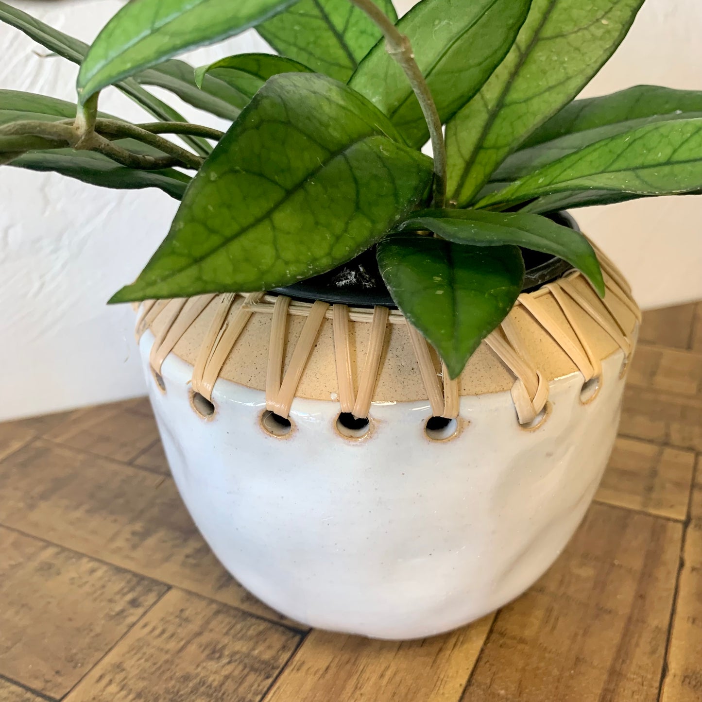 Stoneware Planter with Rattan Detail