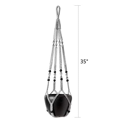 Mkono Macrame Plant Hanger Indoor Hanging Planter Basket with Wood Beads Decorative Flower Pot Holder No Tassels for Indoor Outdoor Boho Home Decor 35 Inch, Ivory, Set of 1 (POTS NOT Included)