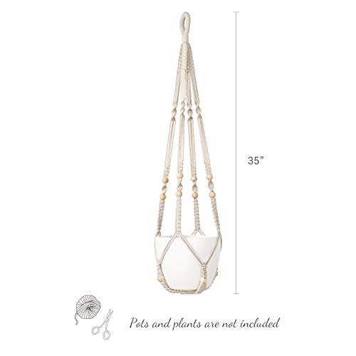 Mkono Macrame Plant Hanger Indoor Hanging Planter Basket with Wood Beads Decorative Flower Pot Holder No Tassels for Indoor Outdoor Boho Home Decor 35 Inch, Ivory, Set of 1 (POTS NOT Included)