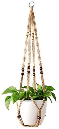 Mkono Macrame Plant Hanger Indoor Hanging Planter Basket with Wood Beads Decorative Flower Pot Holder No Tassels for Indoor Outdoor Boho Home Decor 35 Inch, Ivory, Set of 1 (POTS NOT Included)