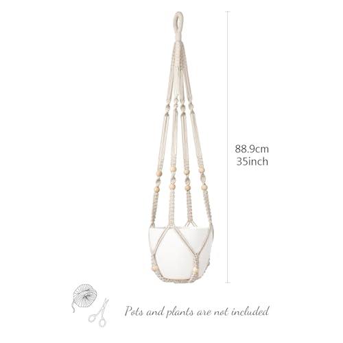 Mkono Macrame Plant Hanger Indoor Hanging Planter Basket with Wood Beads Decorative Flower Pot Holder No Tassels for Indoor Outdoor Boho Home Decor 35 Inch, Ivory, Set of 1 (POTS NOT Included)