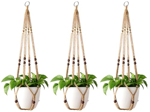Mkono Macrame Plant Hanger Indoor Hanging Planter Basket with Wood Beads Decorative Flower Pot Holder No Tassels for Indoor Outdoor Boho Home Decor 35 Inch, Ivory, Set of 1 (POTS NOT Included)