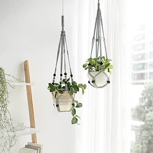 Mkono Macrame Plant Hanger Indoor Hanging Planter Basket with Wood Beads Decorative Flower Pot Holder No Tassels for Indoor Outdoor Boho Home Decor 35 Inch, Ivory, Set of 1 (POTS NOT Included)