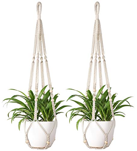 Mkono Macrame Plant Hanger Indoor Hanging Planter Basket with Wood Beads Decorative Flower Pot Holder No Tassels for Indoor Outdoor Boho Home Decor 35 Inch, Ivory, Set of 1 (POTS NOT Included)