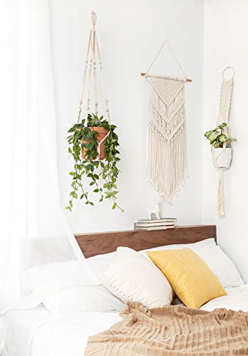 Mkono Macrame Plant Hanger Indoor Hanging Planter Basket with Wood Beads Decorative Flower Pot Holder No Tassels for Indoor Outdoor Boho Home Decor 35 Inch, Ivory, Set of 1 (POTS NOT Included)