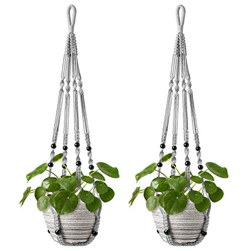 Mkono Macrame Plant Hanger Indoor Hanging Planter Basket with Wood Beads Decorative Flower Pot Holder No Tassels for Indoor Outdoor Boho Home Decor 35 Inch, Ivory, Set of 1 (POTS NOT Included)