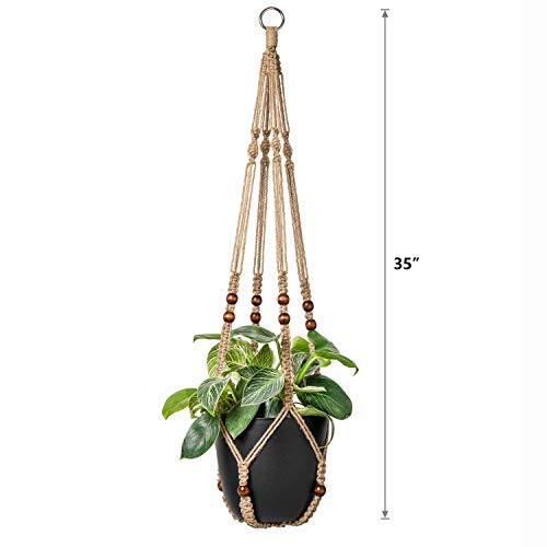 Mkono Macrame Plant Hanger Indoor Hanging Planter Basket with Wood Beads Decorative Flower Pot Holder No Tassels for Indoor Outdoor Boho Home Decor 35 Inch, Ivory, Set of 1 (POTS NOT Included)