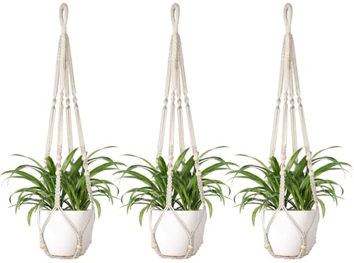 Mkono Macrame Plant Hanger Indoor Hanging Planter Basket with Wood Beads Decorative Flower Pot Holder No Tassels for Indoor Outdoor Boho Home Decor 35 Inch, Ivory, Set of 1 (POTS NOT Included)