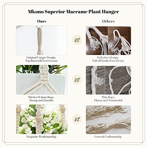 Mkono Macrame Plant Hanger Indoor Hanging Planter Basket with Wood Beads Decorative Flower Pot Holder No Tassels for Indoor Outdoor Boho Home Decor 35 Inch, Ivory, Set of 1 (POTS NOT Included)