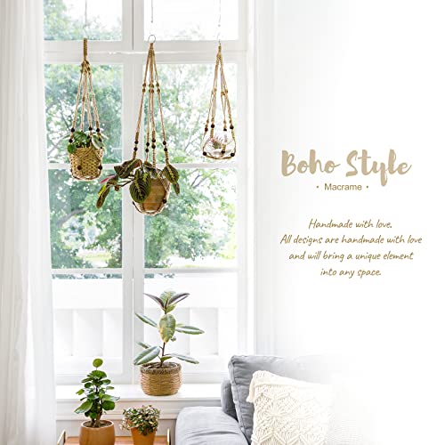 Mkono Macrame Plant Hanger Indoor Hanging Planter Basket with Wood Beads Decorative Flower Pot Holder No Tassels for Indoor Outdoor Boho Home Decor 35 Inch, Ivory, Set of 1 (POTS NOT Included)