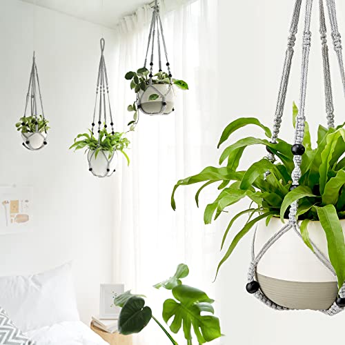 Mkono Macrame Plant Hanger Indoor Hanging Planter Basket with Wood Beads Decorative Flower Pot Holder No Tassels for Indoor Outdoor Boho Home Decor 35 Inch, Ivory, Set of 1 (POTS NOT Included)