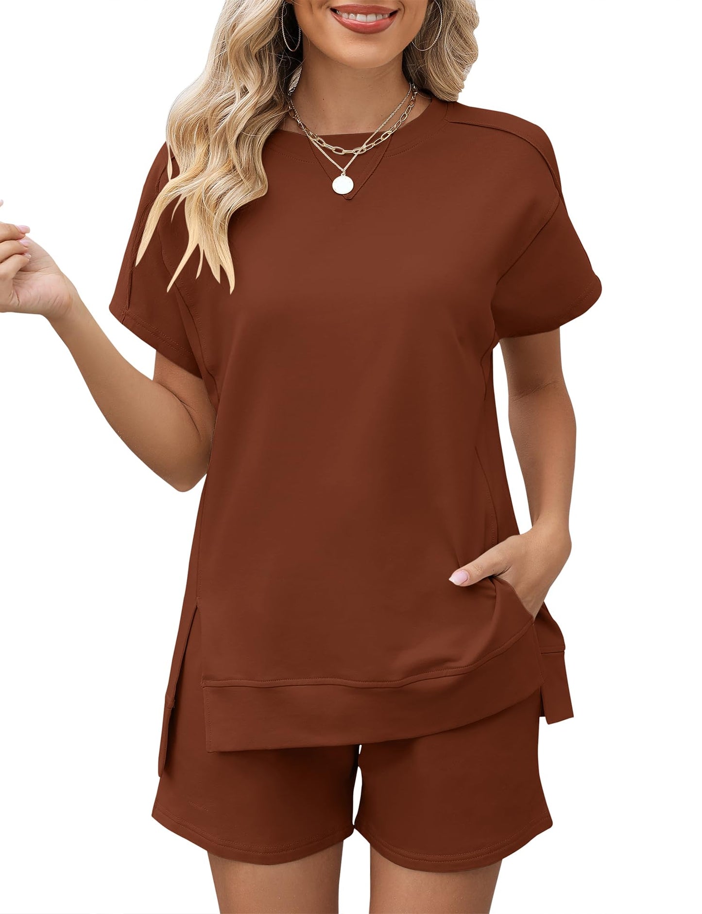 LOMON Womens Fashion 2 Piece Outfits Sweatsuits 2025 Summer Short Sleeve Loungewear Tracksuit Round Neck Lounge Shorts Sets