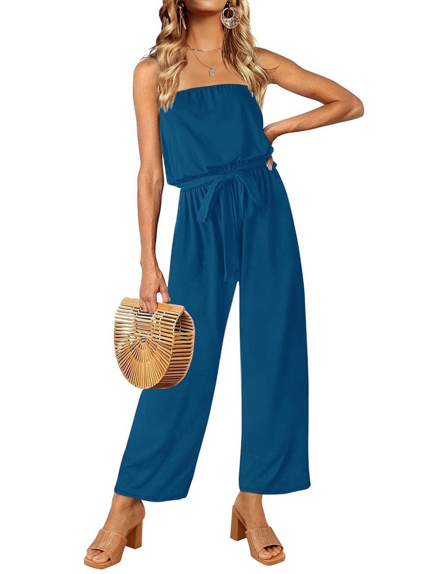 Strapless Belted Wide Leg Jumpsuit