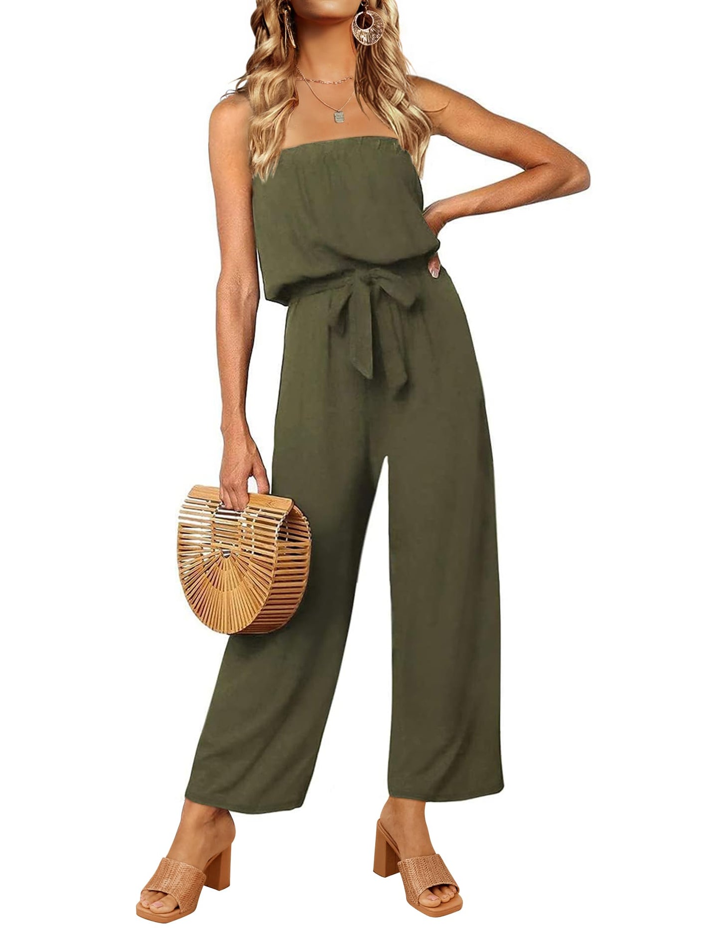 Strapless Belted Wide Leg Jumpsuit