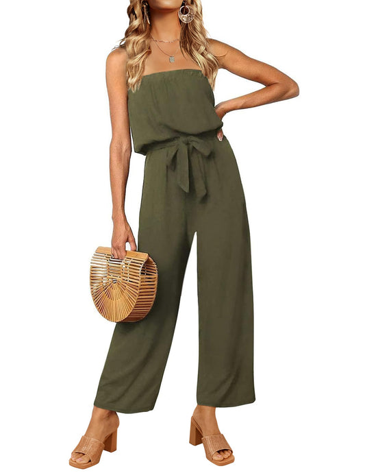 Strapless Belted Wide Leg Jumpsuit