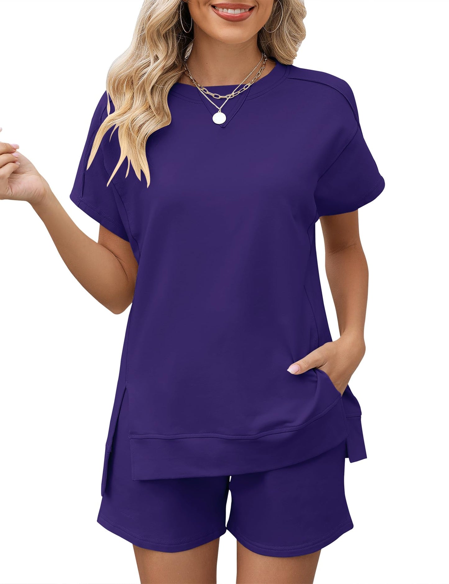LOMON Womens Fashion 2 Piece Outfits Sweatsuits 2025 Summer Short Sleeve Loungewear Tracksuit Round Neck Lounge Shorts Sets