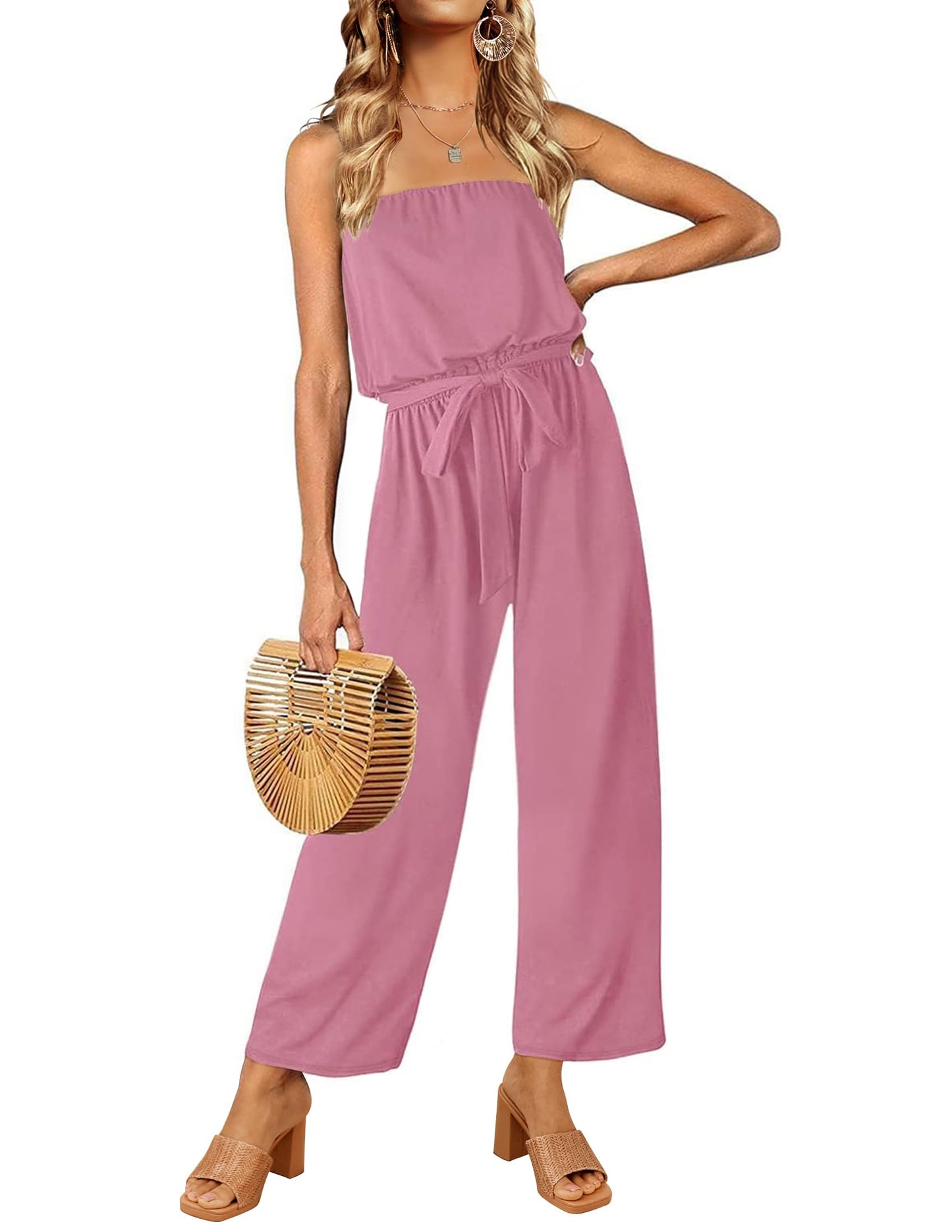 Strapless Belted Wide Leg Jumpsuit