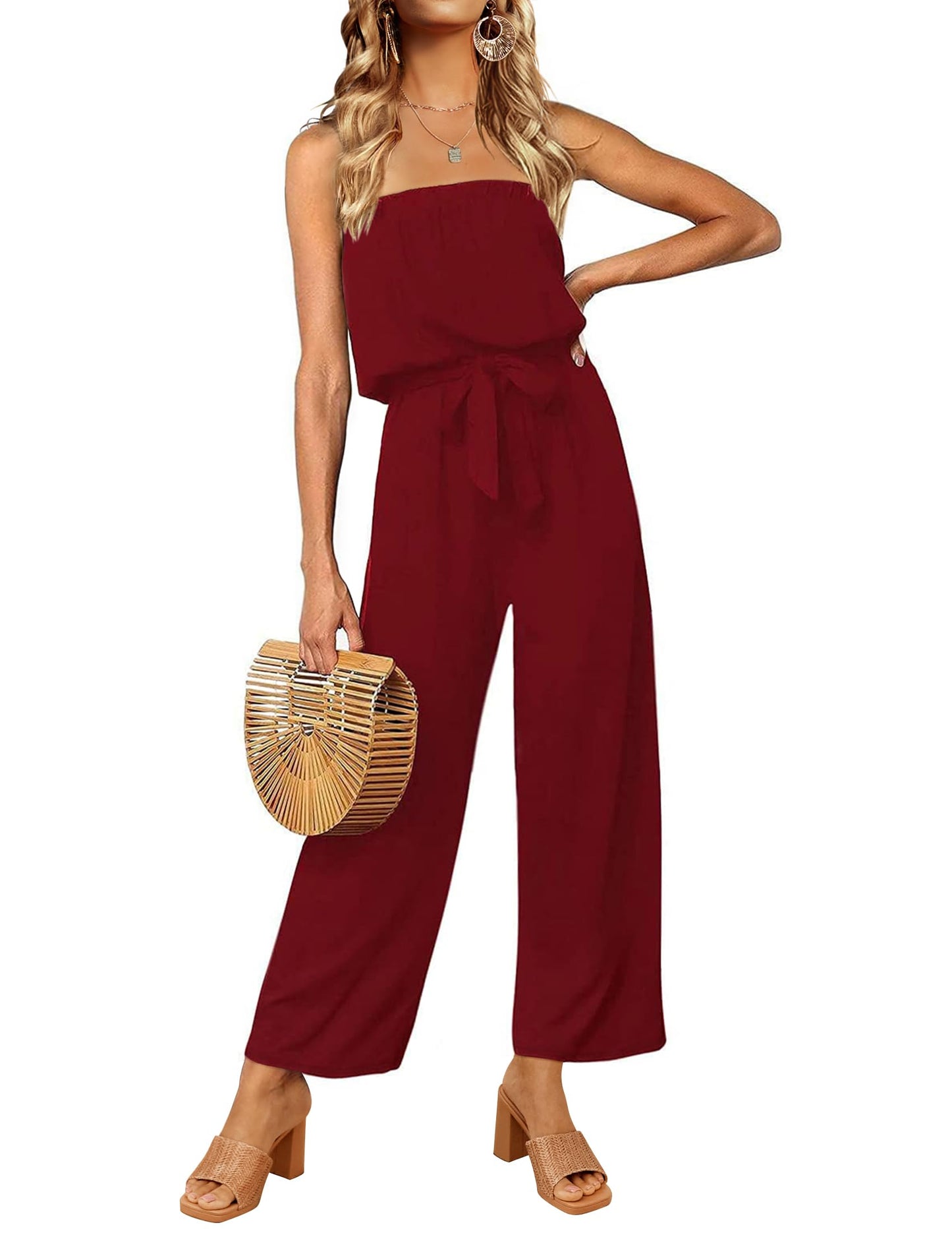Strapless Belted Wide Leg Jumpsuit