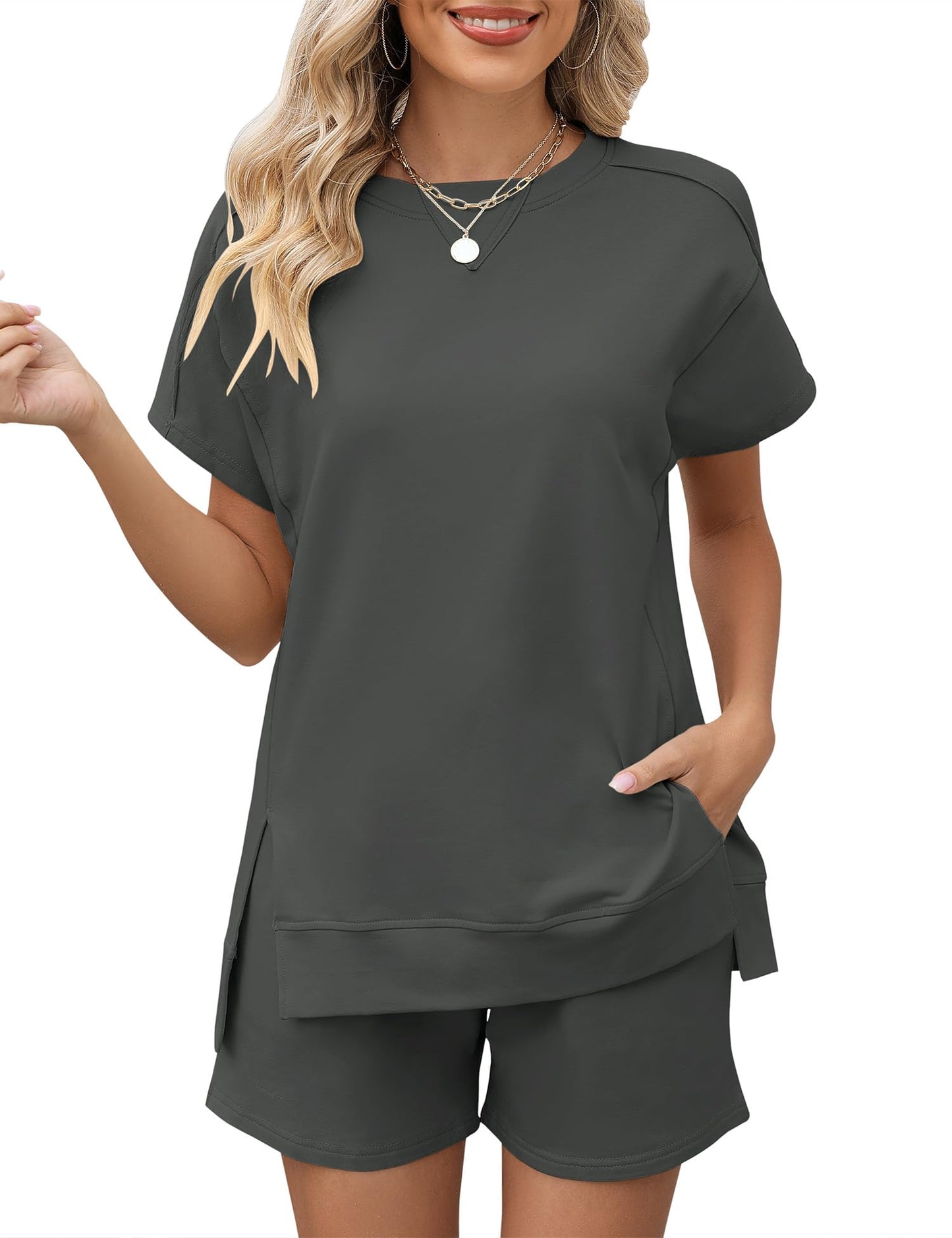 LOMON Womens Fashion 2 Piece Outfits Sweatsuits 2025 Summer Short Sleeve Loungewear Tracksuit Round Neck Lounge Shorts Sets