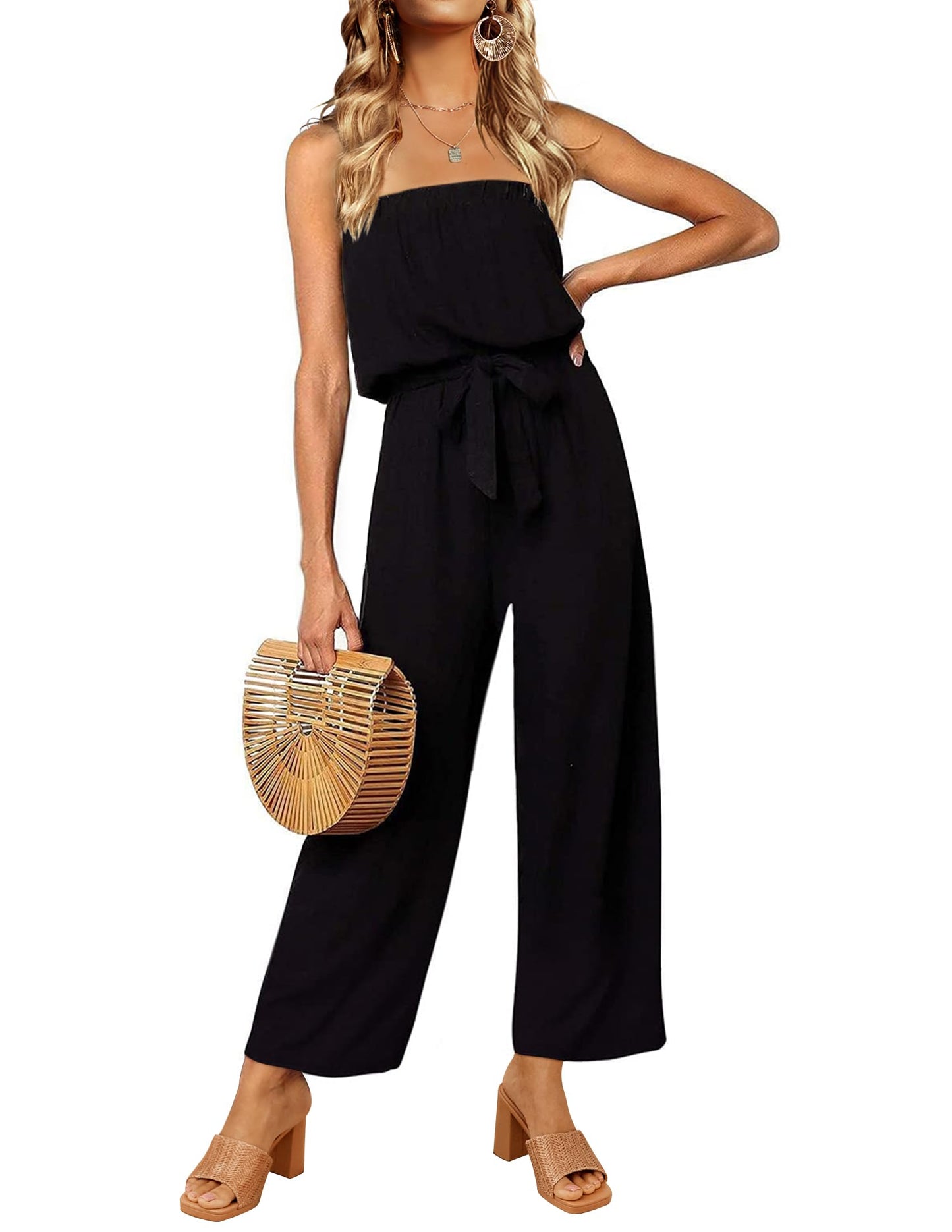 Strapless Belted Wide Leg Jumpsuit