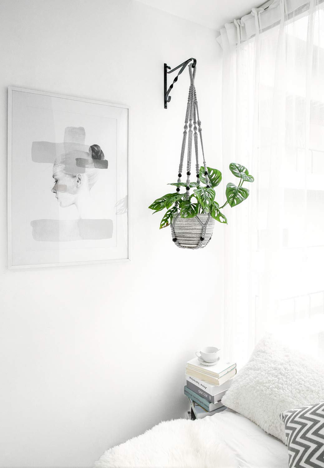 Mkono Macrame Plant Hanger Indoor Hanging Planter Basket with Wood Beads Decorative Flower Pot Holder No Tassels for Indoor Outdoor Boho Home Decor 35 Inch, Ivory, Set of 1 (POTS NOT Included)