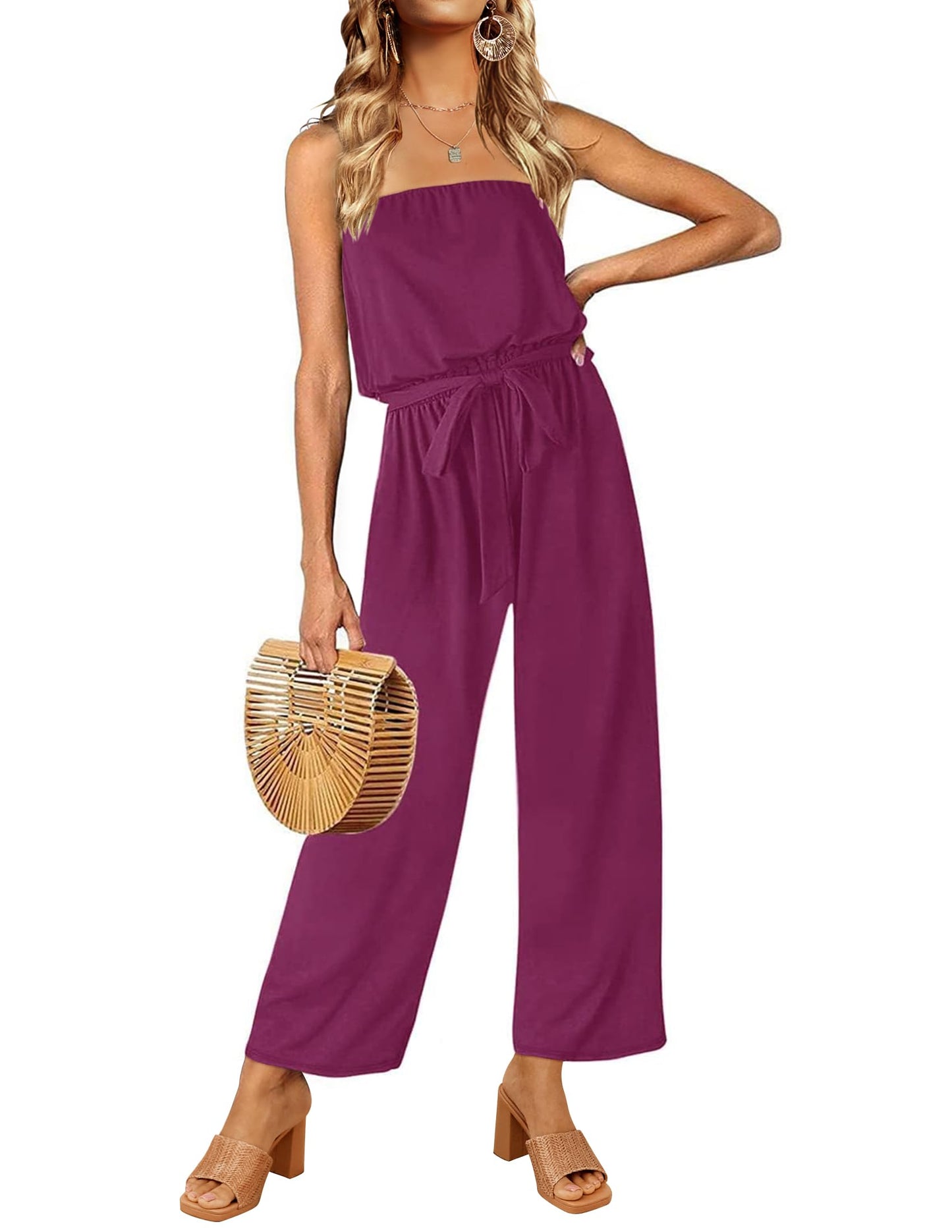 Strapless Belted Wide Leg Jumpsuit